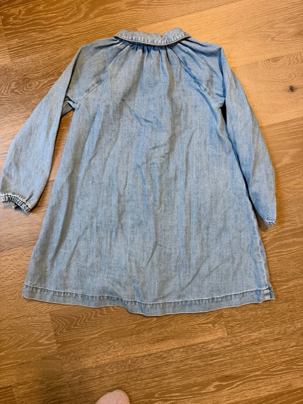 Mini Boden Light Blue Denim Dress with Rainbow and Sunny Pocket Embroidery